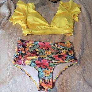 Vibrant Pink and Yellow Bikini with High-Waist Floral Bottom
